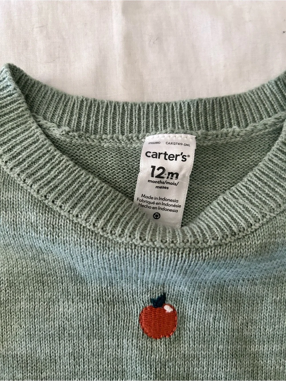 NWT Carter’s Sage Green Apple Embroidered Knit Baby Sweater/Size 12 M